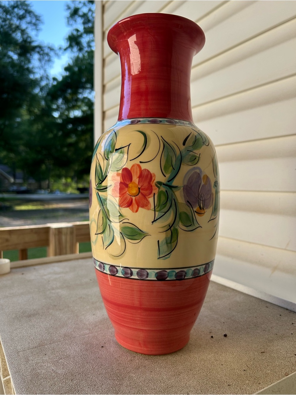 Hand-Painted Floral Ceramic Vase - Red and Cream Accent